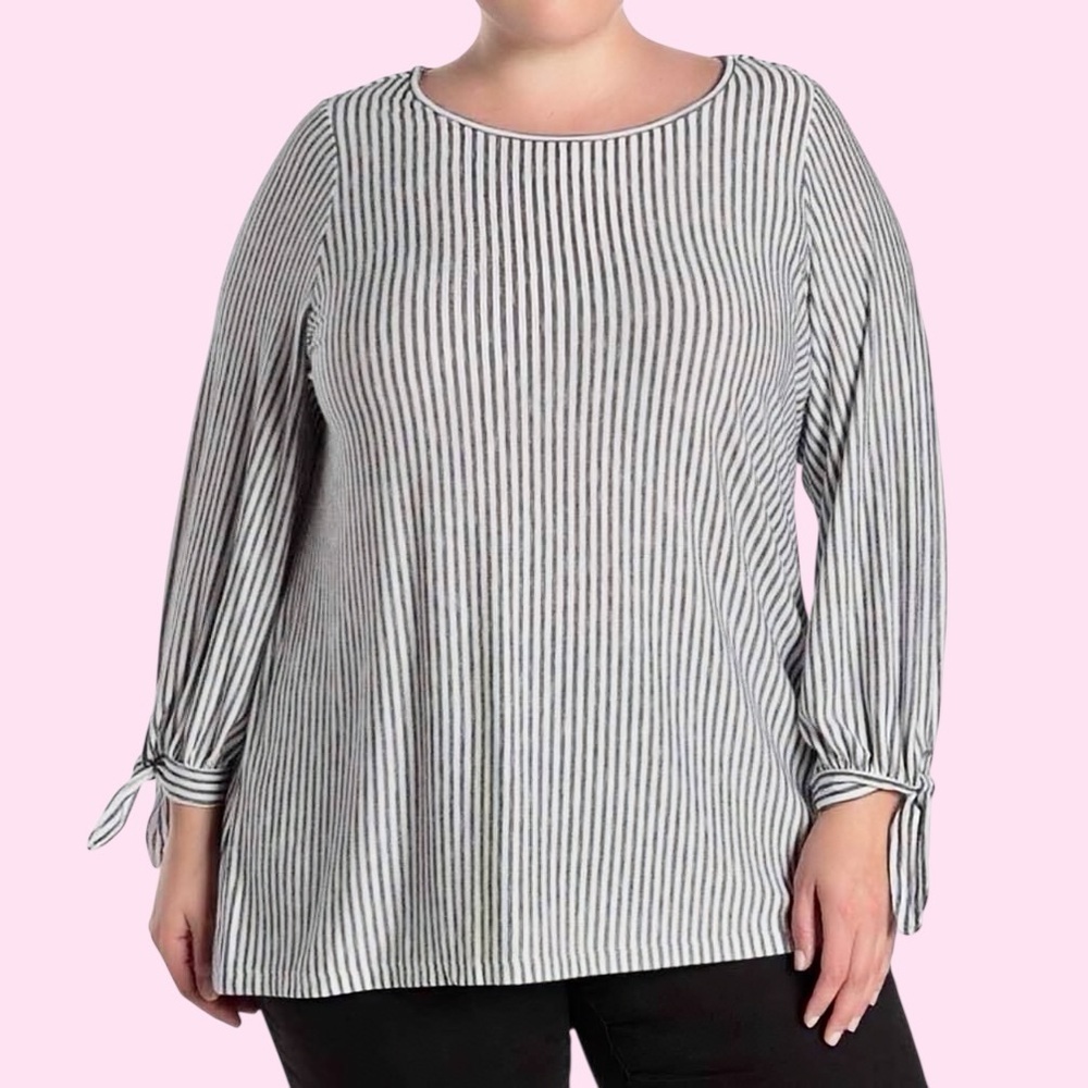 NWT Max Studio ‘Striped Tie Cuff Blouse’ in Navy Blue & White Plus Size 2X